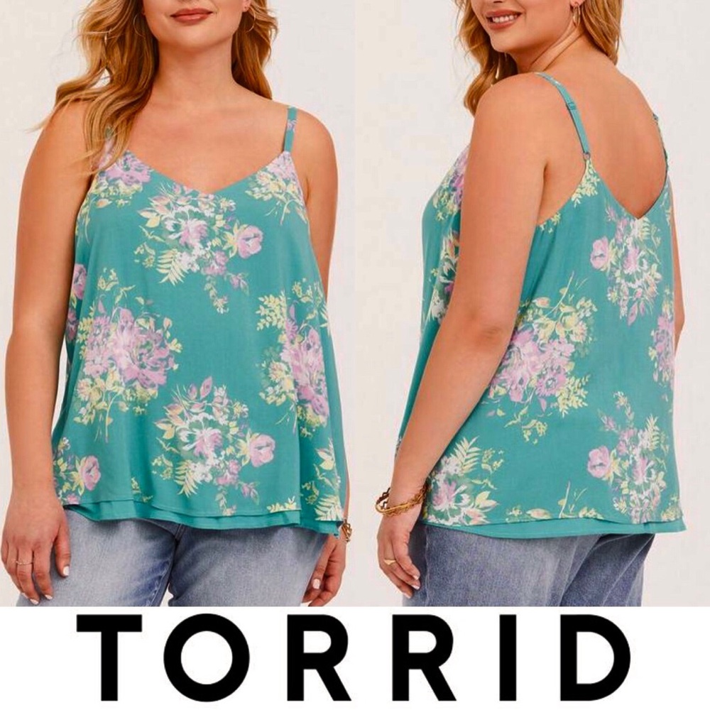 Torrid Sophie Blue Green Floral Double Layer Swing Spaghetti Strap Tank Top